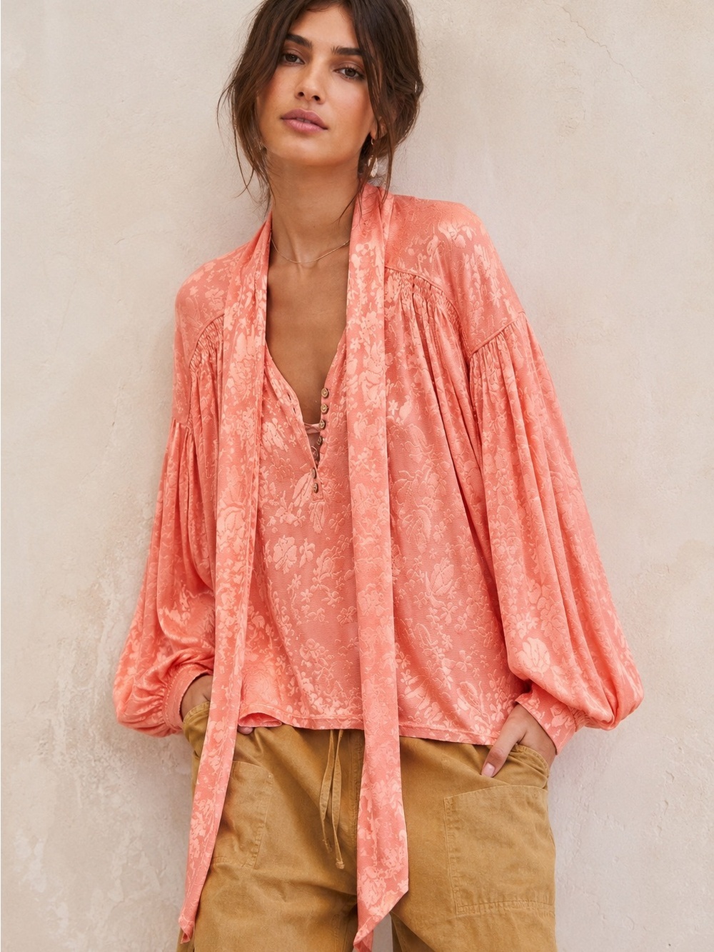 Free People Lucca Poet Blouse Coral Jacquard Tie Neck Top Small Boho